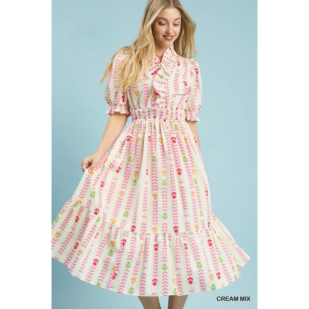 Umgee Vibrant Ruffle Smocked Midi Dress - Cream Mix - Large
